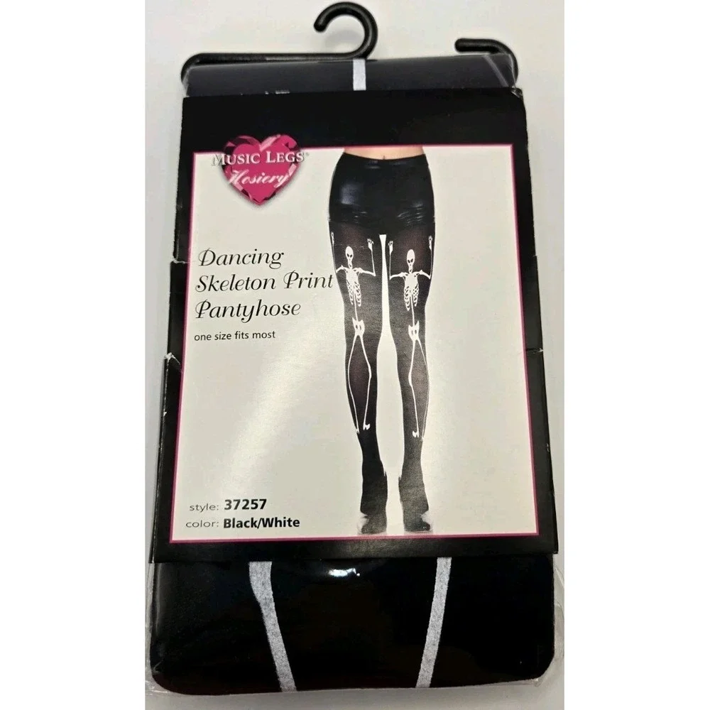 Music Legs Dancing Skeleton Print Pantyhose Black White Halloween Goth OS